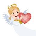 Foreground happy angel with red heart on white background. Isolated vector illustration