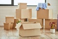 Carton boxes with personal belongings household stuff in modern living room on moving day Royalty Free Stock Photo