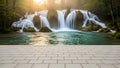 Tiled foreground with a misty waterfall and sunlit forest in the background Royalty Free Stock Photo