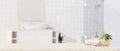 Foreground for montage product display on marble tabletop over blurred bathroom, bathroom, 3d rendering