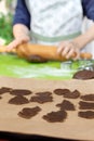 In the foreground, pressed shapes from dough with molds. In the background, the child`s hands rolling a dough with a wooden roller