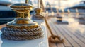 In the foreground of a pristine white yacht deck a detail shot showcases a goldenhued cleat with a nautical rope wrapped Royalty Free Stock Photo