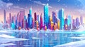 In the foreground, a winter city skyline, futuristic architecture under snowfall, a view of luxury megapolis skyscrapers Royalty Free Stock Photo