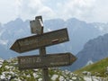 Wood arrows paths indications in the Albanian Alps.