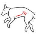 Foreign body in dog stomach thin line icon, Diseases of pets concept, pet with gastritis sign on white background