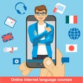 Foreign language online learning. Smartphone in the man s palm with a teacher on it