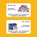 Foreign language teacher and coach vector business card. English, french, german and italian languages teacher with