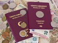 Foreign passports and money from different European countries Royalty Free Stock Photo
