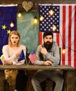 Foreign policy conflict. bearded man and woman politician at conference. contract negotiation and business regulation Royalty Free Stock Photo