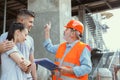 Foreman or achitect shows house, office or store design plans to a young couple