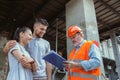 Foreman or achitect shows house, office or store design plans to a young couple