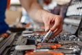 Foreman checking socket wrenches in tool box at hardware store Royalty Free Stock Photo