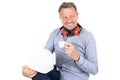 Foreman engineer repairman site manager drinking coffee in white background
