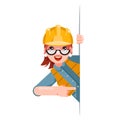 Foreman woman worker professional builder engineer look out corner promotion pointing finger cartoon female character