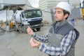 Foreman worker giving instructions to construction workers driver Royalty Free Stock Photo