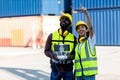 Foreman or worker use remote controller piloting drone at containers port for checking container. Foreman use remote control Drone Royalty Free Stock Photo