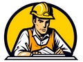 A foreman working at the table, A construction engineer drawing on a blueprint on table. Flat cartoon Hand drawn style.