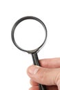 Forensic magnifier in hand on white background.