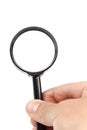 Forensic magnifier in hand on white background.