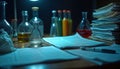 Forensic scientist works in lab. Various lab equipment like flasks, beakers on wooden table. Many documents spread on table. Royalty Free Stock Photo