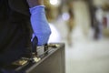 Forensic Scientist& x27;s Blue Gloves At the murder scene to collect evidence.soft focus.shallow focus effect