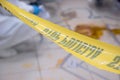 Forensic technicians taking DNA sample from blood stain with cotton swab on murder crime scene. Criminological expert collecting Royalty Free Stock Photo