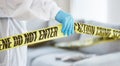 Forensics, crime scene and tape with investigator hand in house lounge for investigation, research or safety. Medical