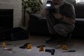 Forensics researcher photographing a blood at a murder scene Royalty Free Stock Photo