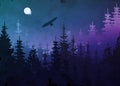 Winter forest with bald eagle in flight, blue background, vector mountain landscape. Christmas tree firs with full moon