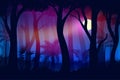 Full moon Fantasy Mysterious Forest Night with foggy gradient light Royalty Free Stock Photo