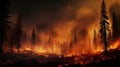 The forest is ablaze as trees burn and smoke billows into the sky. The fire rages on, threatening to consume the entire