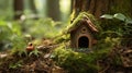 Forest is adorned with a tiny wooden birdhouse. Royalty Free Stock Photo
