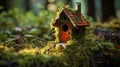 Forest is adorned with a tiny wooden birdhouse. Royalty Free Stock Photo