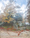 Forest and ancient rocks of Dovbush in Bubnishche in the Carpathian mountains. Foggy wheather Royalty Free Stock Photo