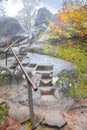 Forest and ancient rocks of Dovbush in Bubnishche in the Carpathian mountains. Foggy wheather Royalty Free Stock Photo