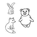Forest animal bear, hare, fox hand drawn set elements in doodle style. vector scandinavian monochrome minimalism Royalty Free Stock Photo