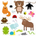 Forest animal insect set. Bear, hare, fox, moose, owl,