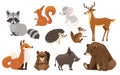 Forest animal set. Colored animal icon collection. Predatory and herbivorous mammals. Flat vector illustration isolated on white Royalty Free Stock Photo