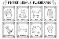 Forest animals black and white flashcards collection for kids. Flash cards set with cute woodland characters Royalty Free Stock Photo