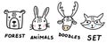Forest Animals doodle set. Hand drawn lines cartoon animal collection. Bear, bunny, deer, raccoon. Vector illustration