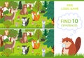 Forest animals find differences game. Educational kids games characters, woodland animal and wild forests vector cartoon