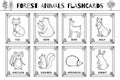 Forest animals flashcards black and white collection for kids. Flash cards set with cute woodland characters Royalty Free Stock Photo