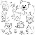 Forest animals. Fox, bear, raccon, hare, deer, owl, hedgehog, squirrel, agaric and tree stump. Black and white vector illustration Royalty Free Stock Photo