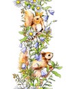 Forest animals in grass, flowers. Seamless floral border line. Watercolor stripe in vintage sketch style