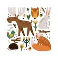 Forest animals. Hand drawn cartoon scandinavian style set, cute scandi elk and fox, bird and hare. Little hedgehog and owl. Square Royalty Free Stock Photo