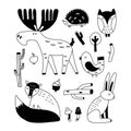 Forest animals. Hand drawn doodle scandinavian style set, cute scandi elk and fox, bird and hare. Little hedgehog and owl, square