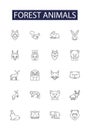 Forest animals line vector icons and signs. Bears, Wolves, Squirrels, Deer, Lynx, Boar, Rabbits, Badgers outline vector