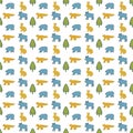 Forest animals pattern. Blue moose, yellow rabbit, blue bear, yellow fox, green fir. Seamless pattern for kids design.White backgr