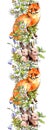 Forest animals - rabbits and fox in grass, flowers. Repeating border strip. Watercolor in sketch style