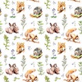 Forest animals - rabbits, fox, squirrel, hedgehog in grass and flowers. Seamless pattern. Watercolor Royalty Free Stock Photo